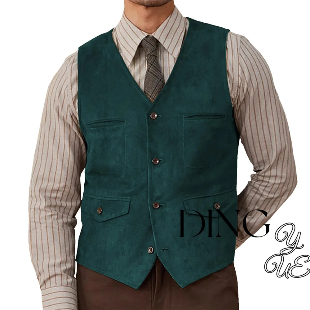 Olive green suede western vest with a classic v-neck, four front buttons, dark teal color, and two flap chest pockets.