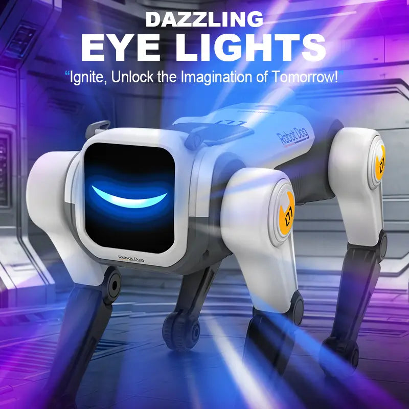 White and gray robot dog toy with glowing blue eye lights featuring voice control and rolling stunts ideal as a birthday gift.
