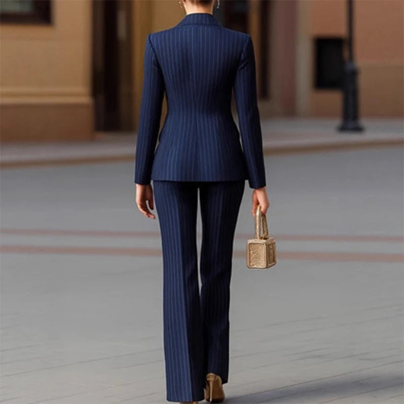 Fashion Autumn Winter Ladies Pant Suit Women Striped Female Business Work Wear Jacket Blazer and Trouser Formal 2 Piece Set