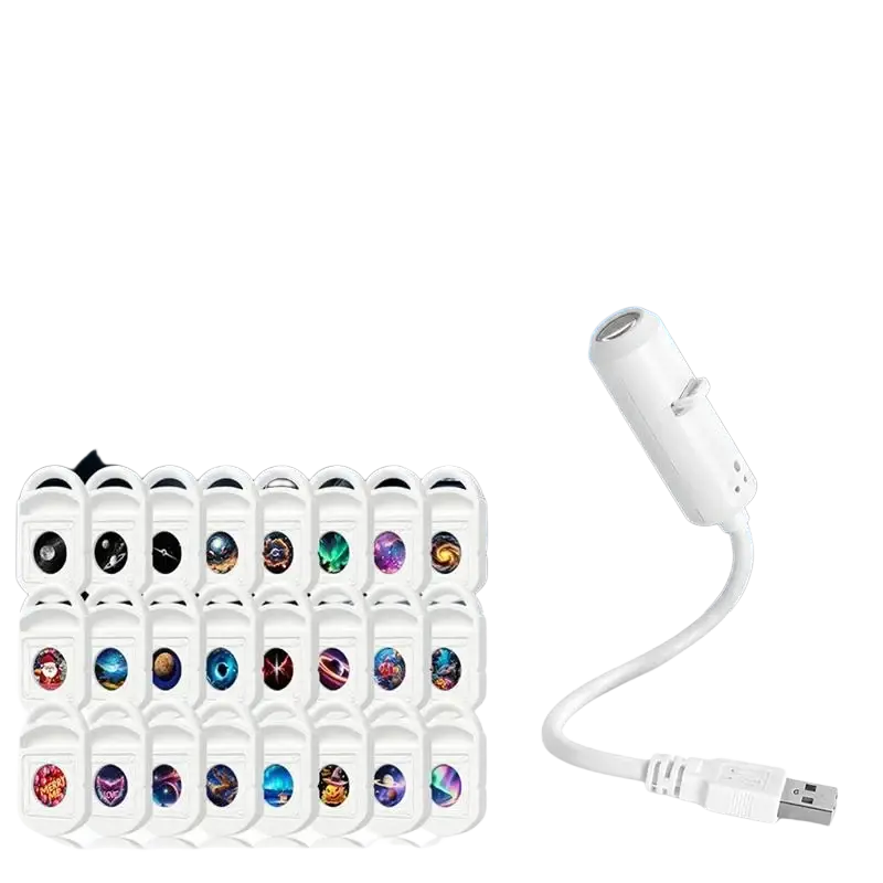 White usb-powered car ceiling projector with bendable silicone gooseneck and multiple interchangeable night light lenses