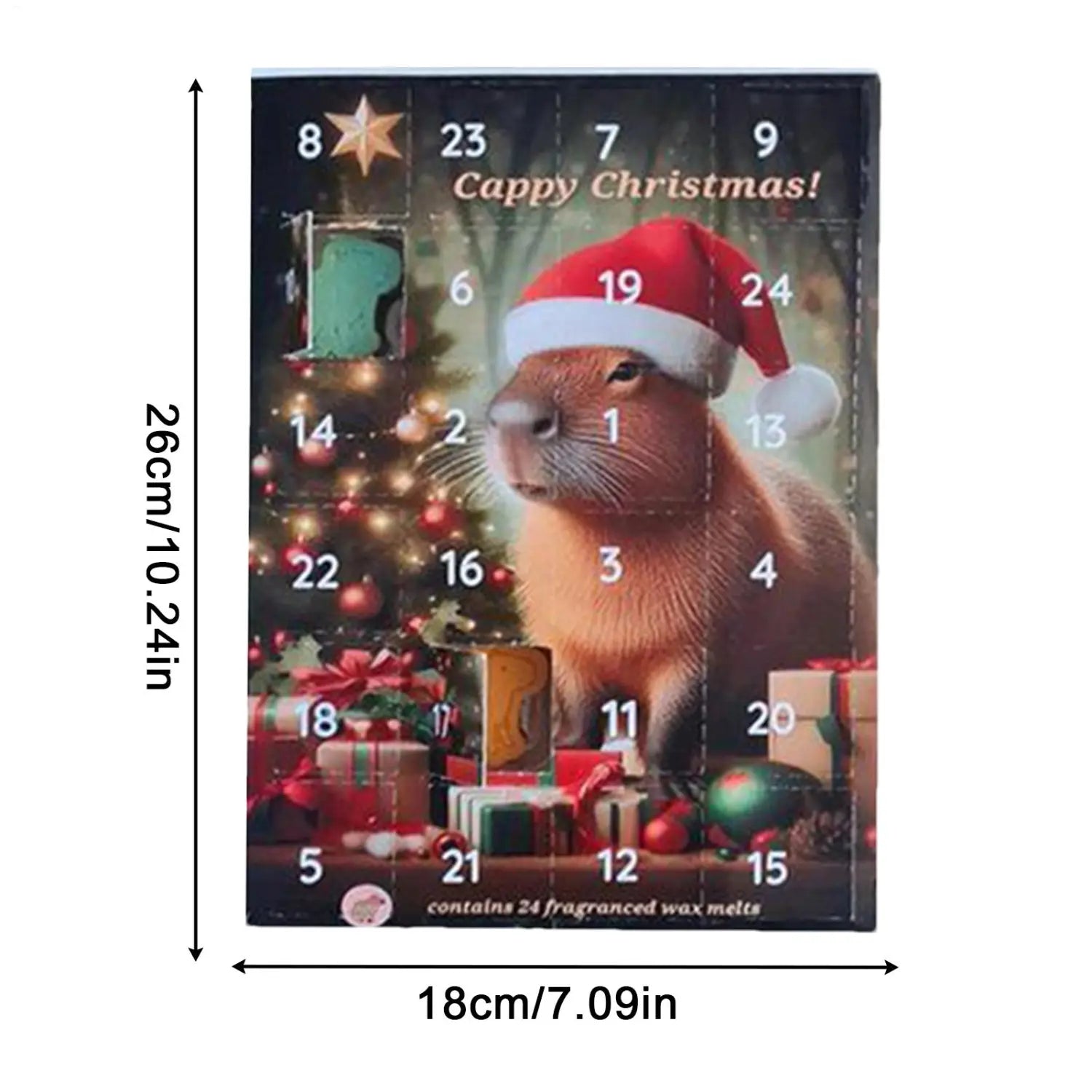 Un calendario festivo de cuenta atrás que presenta una capibara marrón encantadora con un gorro rojo de Santa, sobre un fondo de luces navideñas y regalos.