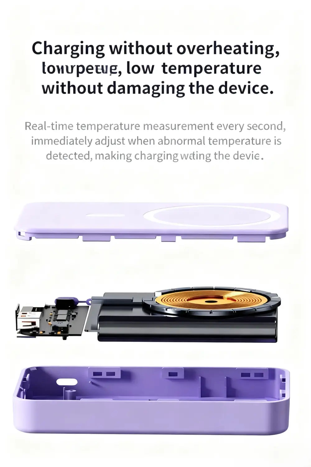 Eine elegante Lavendel-farbene kabellose Ladegerät-Powerbank mit Ständer mit minimalistischer Gestaltung und integriertem Temperaturüberwachungssystem für effizientes Schnellladen