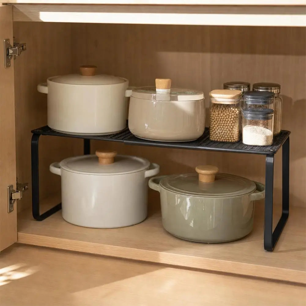 Organisateur d’étagère d’armoire empilable réglable en acier au carbone noir, avec motif en grille, pour maintenir des casseroles et des bocaux de cuisine