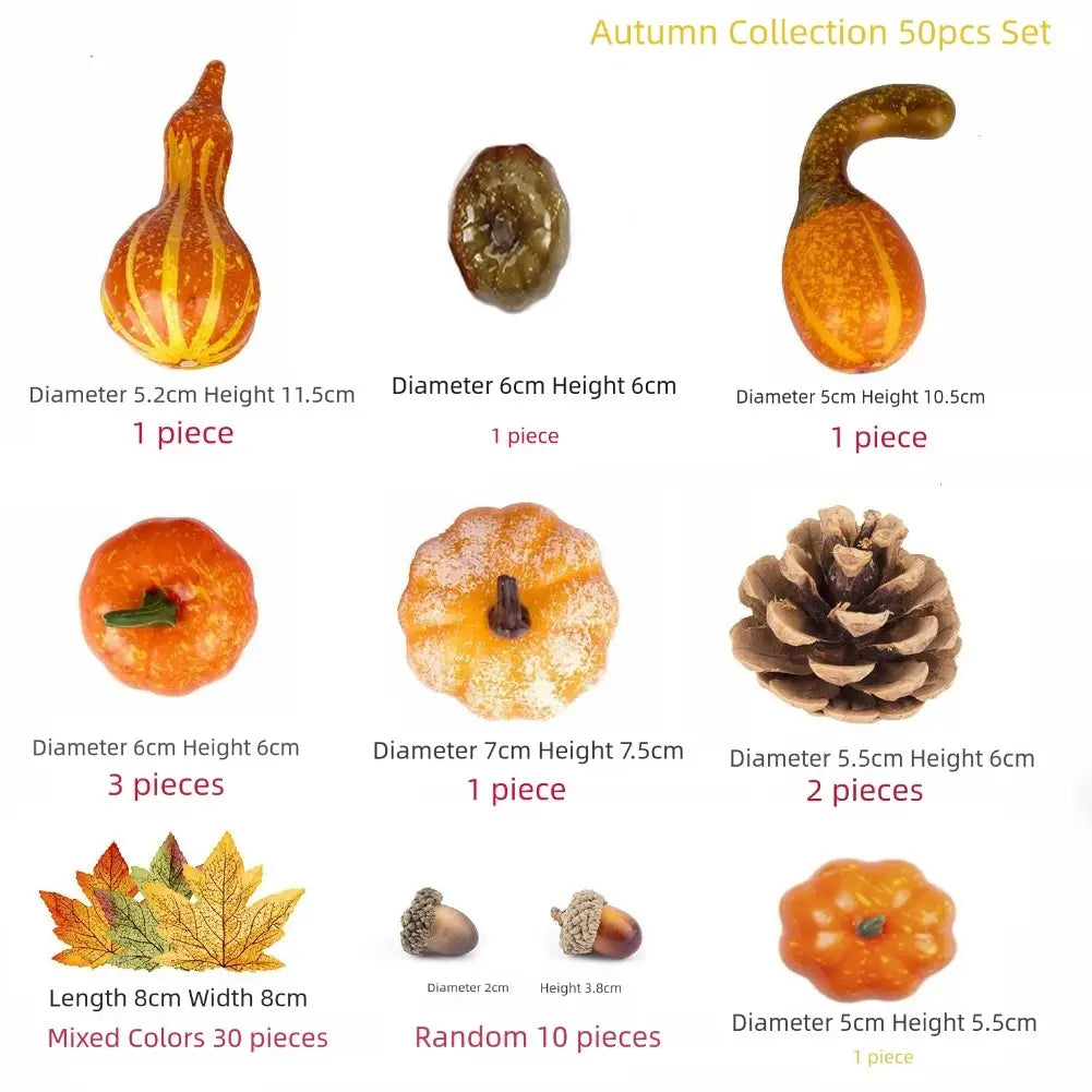 Décoration de maison d’automne mettant en vedette des feuilles et des citrouilles artificielles fabriquées à partir de faux bois peint texturé dans des couleurs naturelles variées, avec des gourdes décoratives et des pommes de pin.