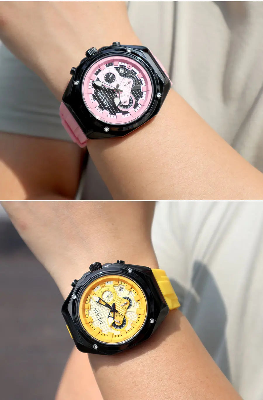 Megir sport chronograph watch with a bold black case and a vibrant pink dial with matching silicone strap.