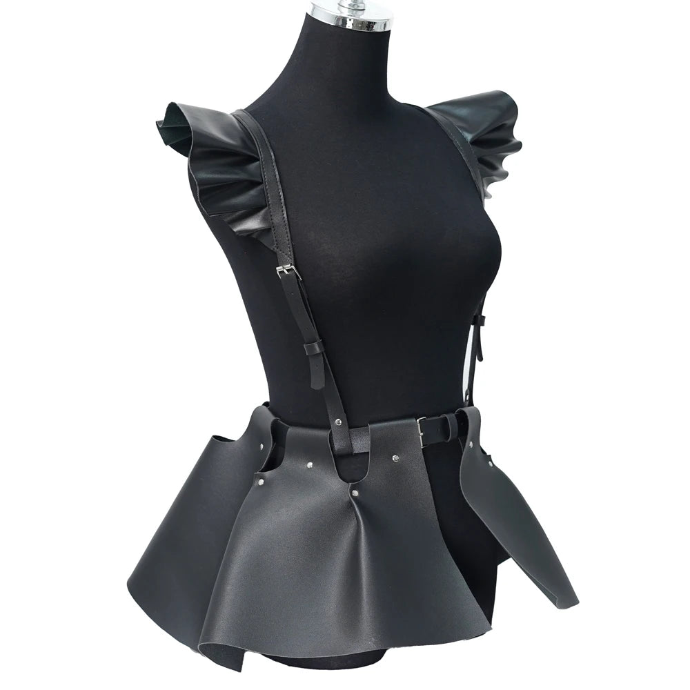 Women's Fashion Leather Body Harness Belt Skirt With Ruffle Hem Gothic Style Waist &Shoulder Belt Clothing Accessory