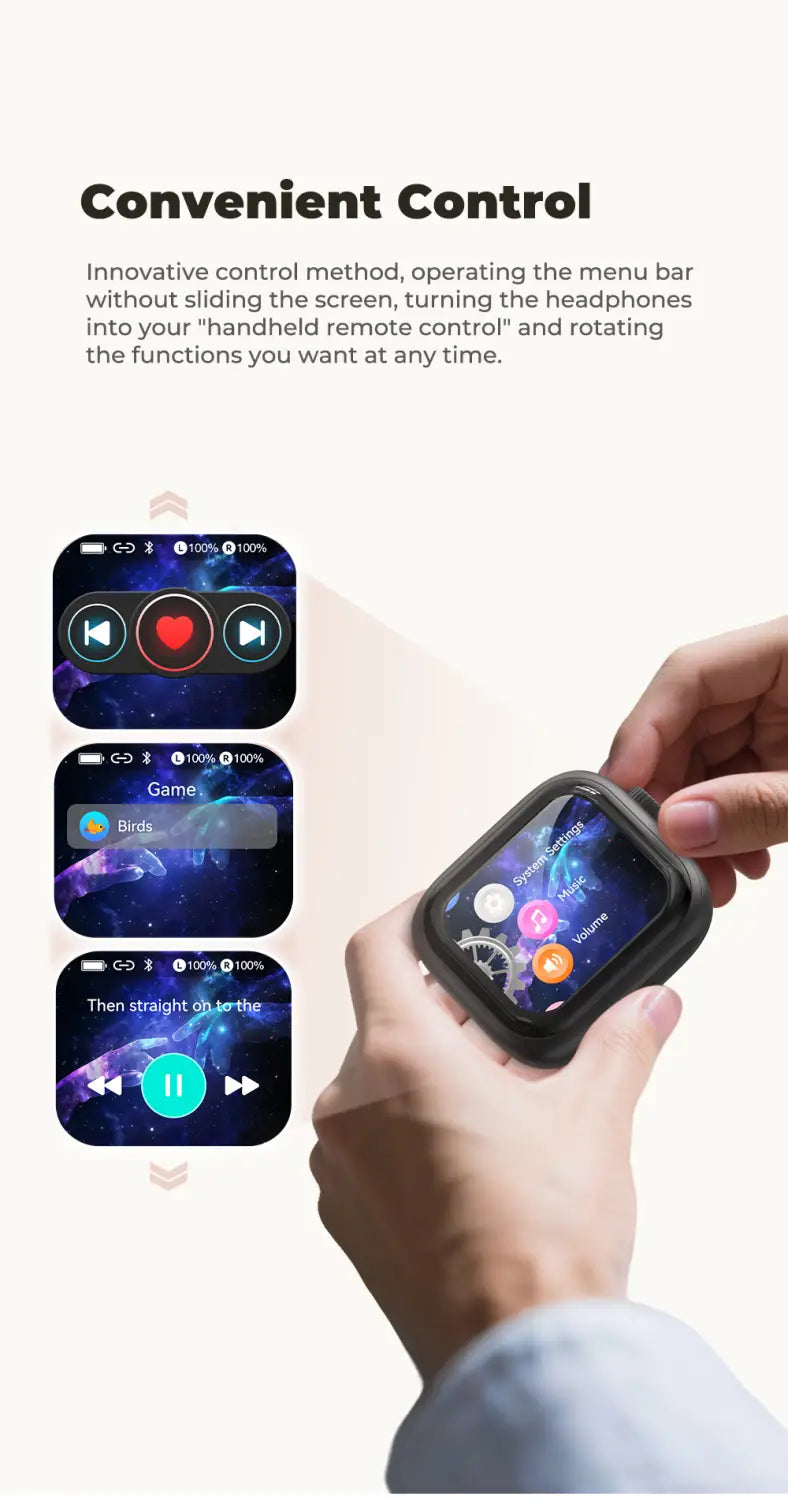 Montre rectangulaire noire avec écran numérique lumineux affichant des icônes circulaires colorées et du texte, présentée avec des écouteurs sans fil HTC NE40 et un étui de charge intelligent.