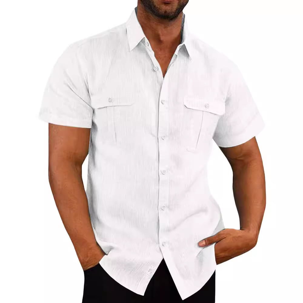 White men linen short sleeve shirt with double chest pockets and collar designed for casual summer wear.