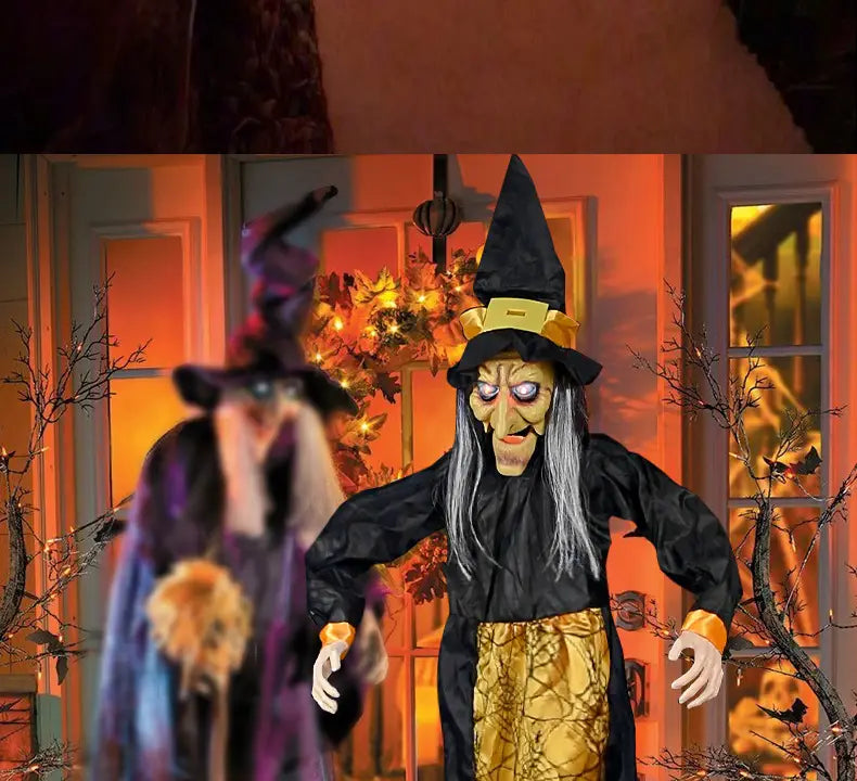 figurine animée de sorcière d’Halloween suspendue en noir et or, avec un chapeau pointu, de longs cheveux gris et une jupe à motifs de toile d’araignée, conçue pour des jouets électriques hantés de maison hantée, pour une utilisation