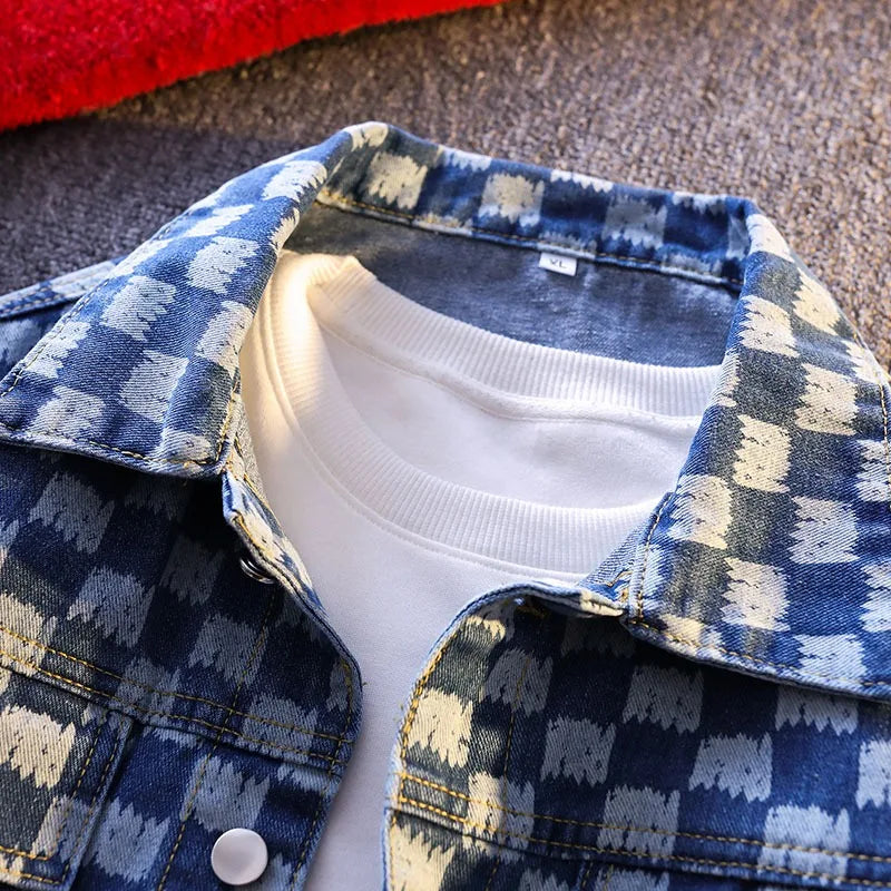 Jackets For Man Trendy Oversized Checkerboard Print Denim Man Coat Casual Streetwear Style Outerwear For Men
