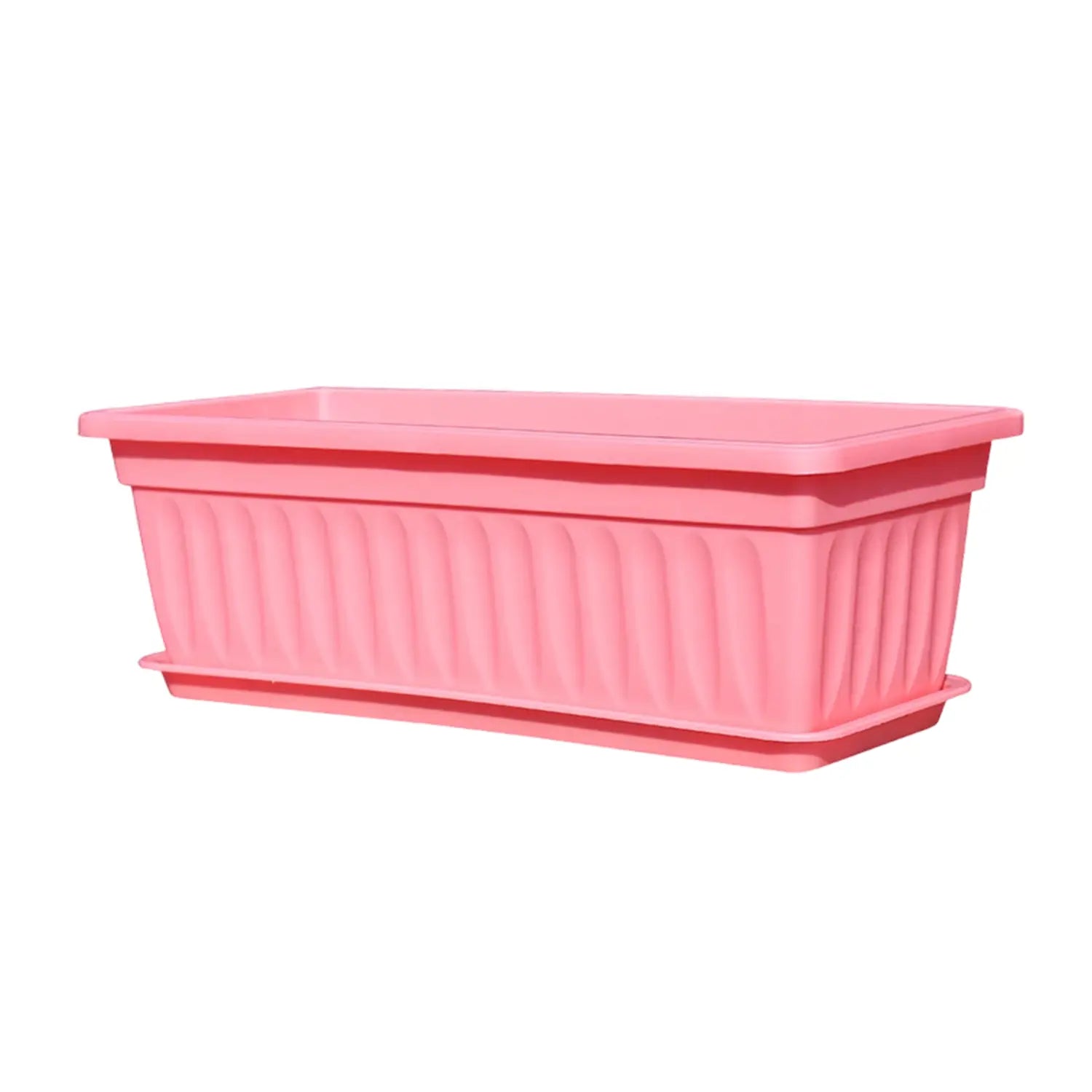 Maceta rectangular de plástico rosa, con textura vertical acanalada y tapa a juego, utilizada como bandejas para semillas para la descripción del producto de jardinería
