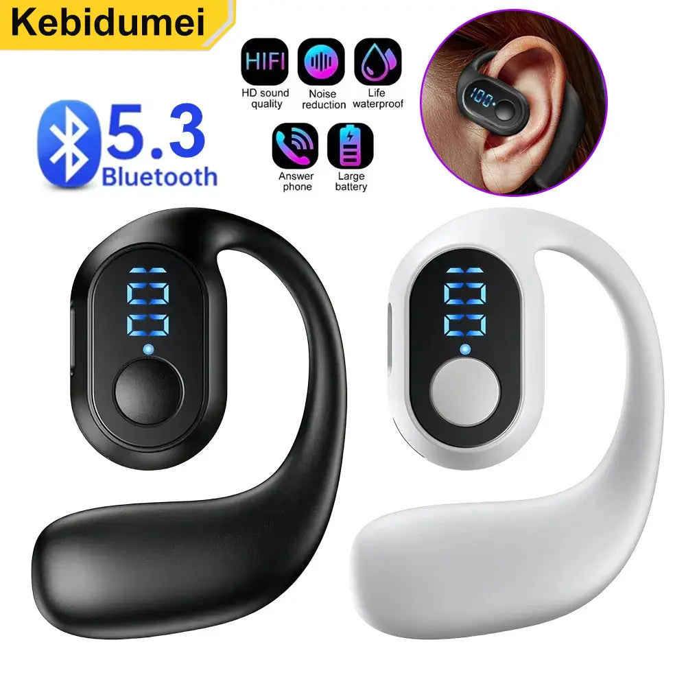 Écouteurs Bluetooth sans fil à crochet pour oreille « kebidumei » noir et blanc, avec affichage numérique LED et conception ergonomique du crochet pour un maintien fiable dans l’oreille, dotés de la technologie Bluetooth 5.3.