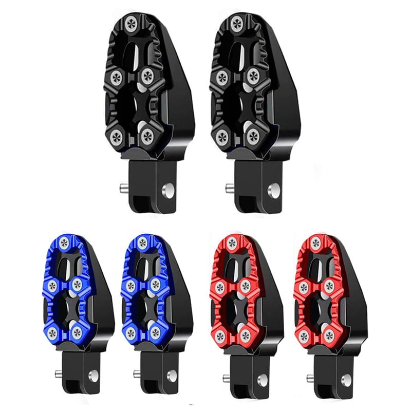 black and blue or red cnc aluminum motorcycle foot pegs with textured star-shaped anti slip pedals on the top surface