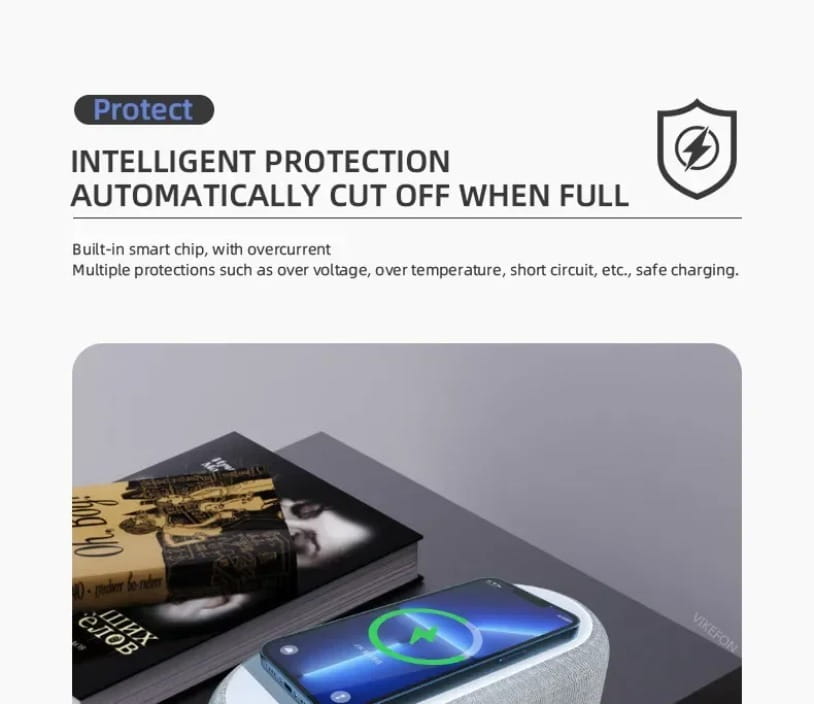 white textured wireless charging pad with a smartphone resting on it showcasing the wireless charging function of a wireless charging alarm clock with night light and thermometer