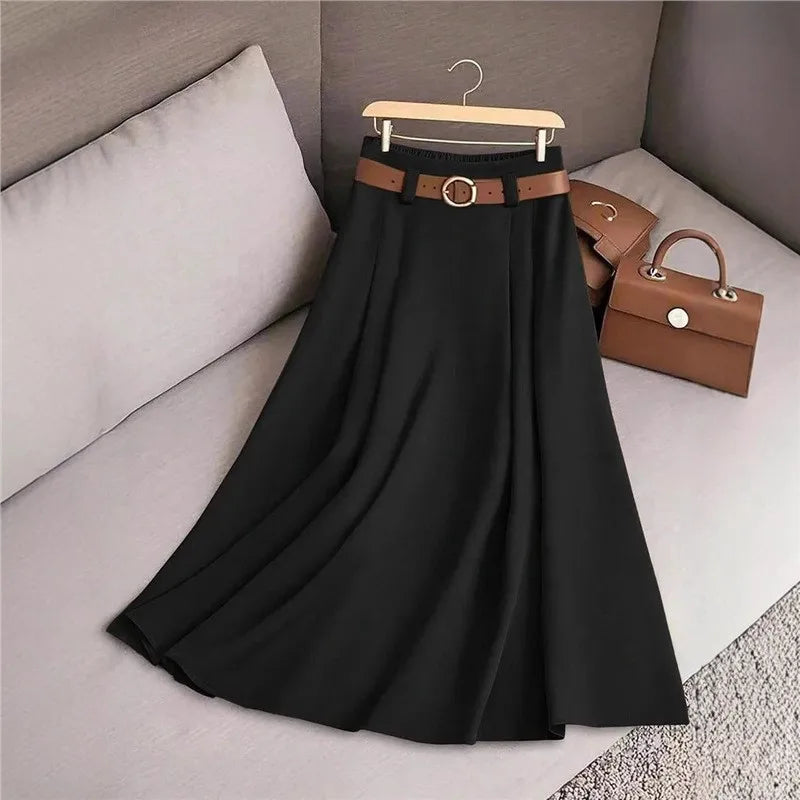 Elegant Fashion Skirts For Women 2026 New Spring Autumn Patchwork Pleated A-Line Mid-length Skirts Commuting Office Lady Skirt