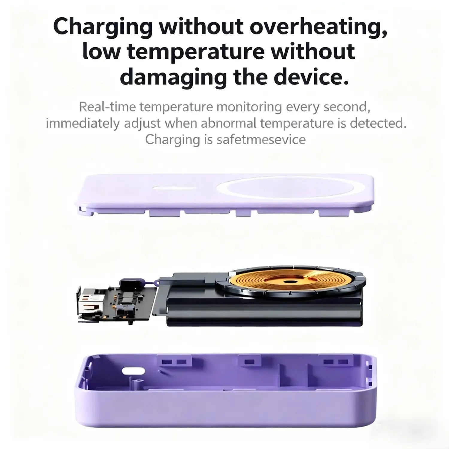 Lila kabellose Ladegerät-Powerbank mit Ständer mit schlankem, minimalistisches Design und integriertem Temperaturüberwachungssystem für Schnellladefunktionen.