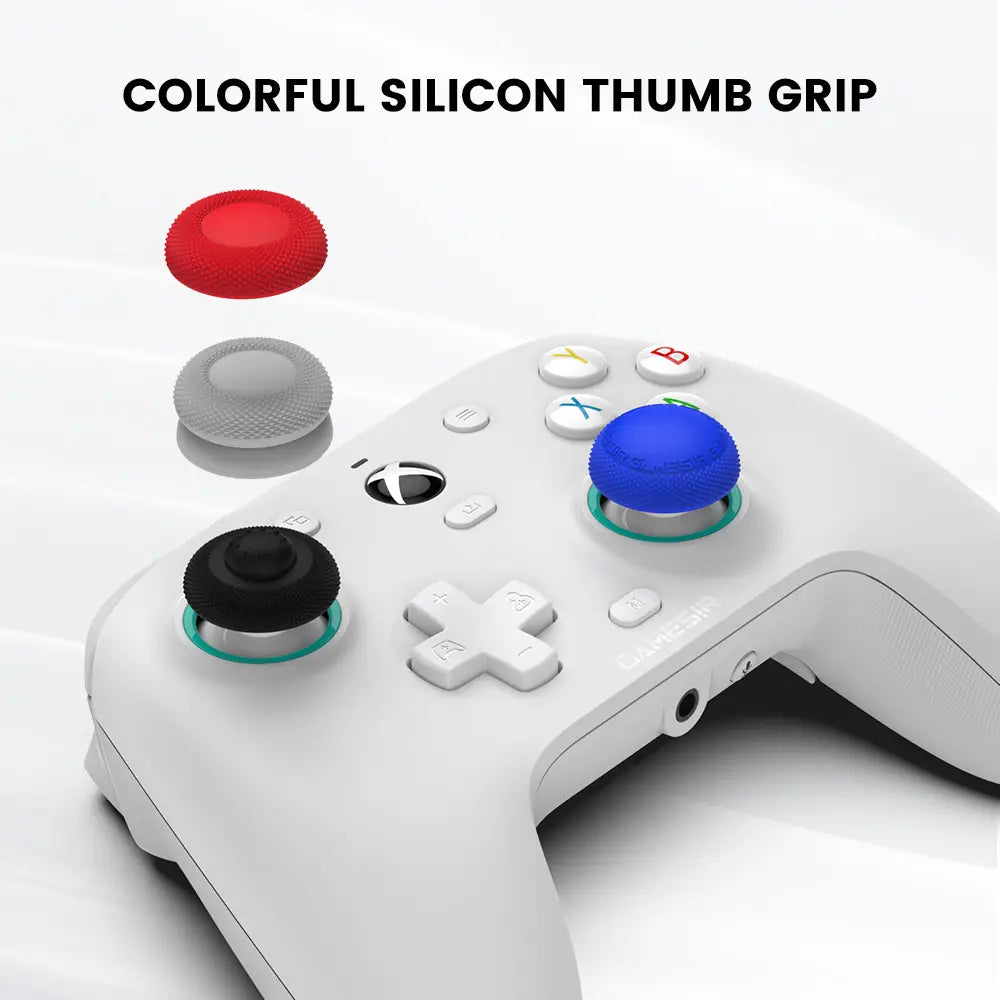 Colorful silicone thumb grips for Xbox controllers featuring red gray black and blue textured surfaces from the Gamesir G7 Magnetic Faceplate and Accessories Kit.