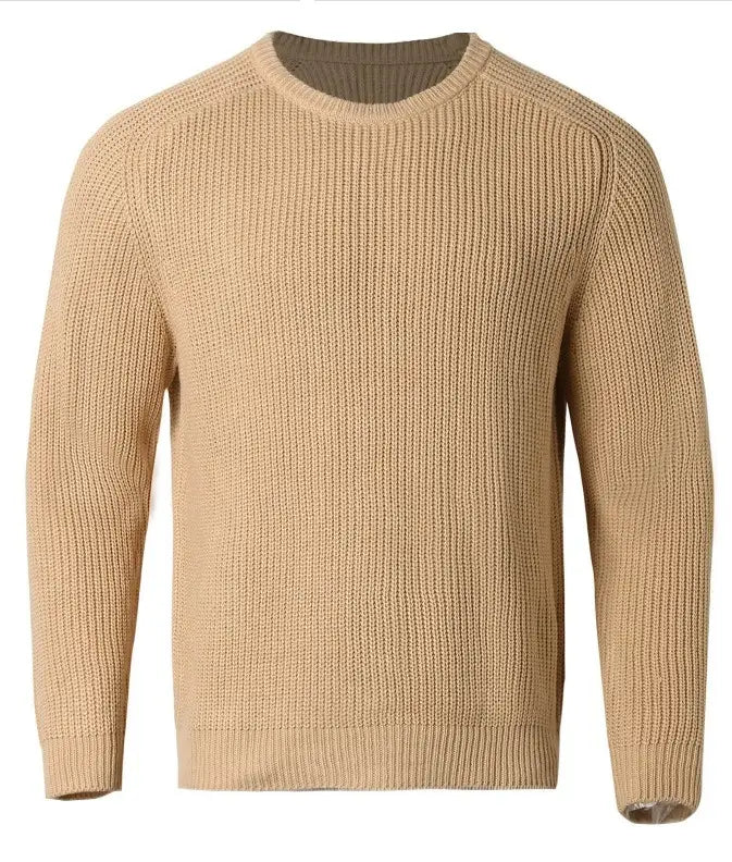 Beiger Rippstrick-Chunky-Strickpullover für Herren mit lässigem Crewneck und langen Ärmeln.
