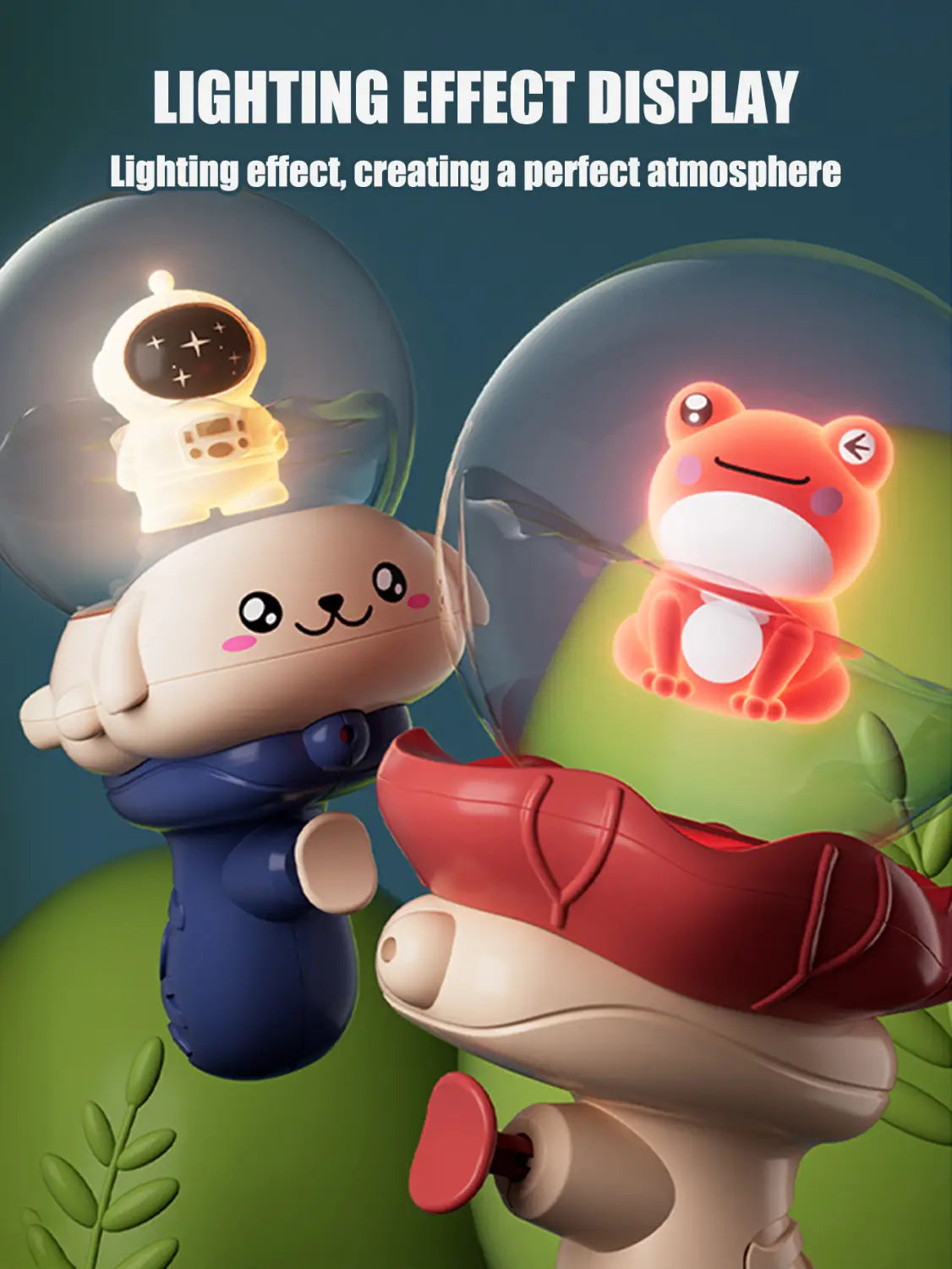 Elefanten-Baby-Bade-Spielzeug zum Versprühen von Wasser mit niedlichen beleuchteten Plüschfiguren, mit leuchtenden Glas-Kuppeln eines Astronauten und eines Frosches.