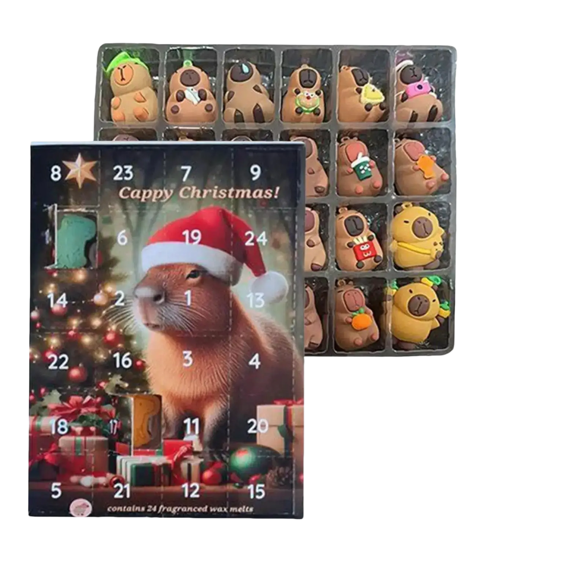 Front view of a capybara advent calendar featuring 24 fragranced wax melts with cute capybara designs for countdown calendar and unwavering seasonal joy