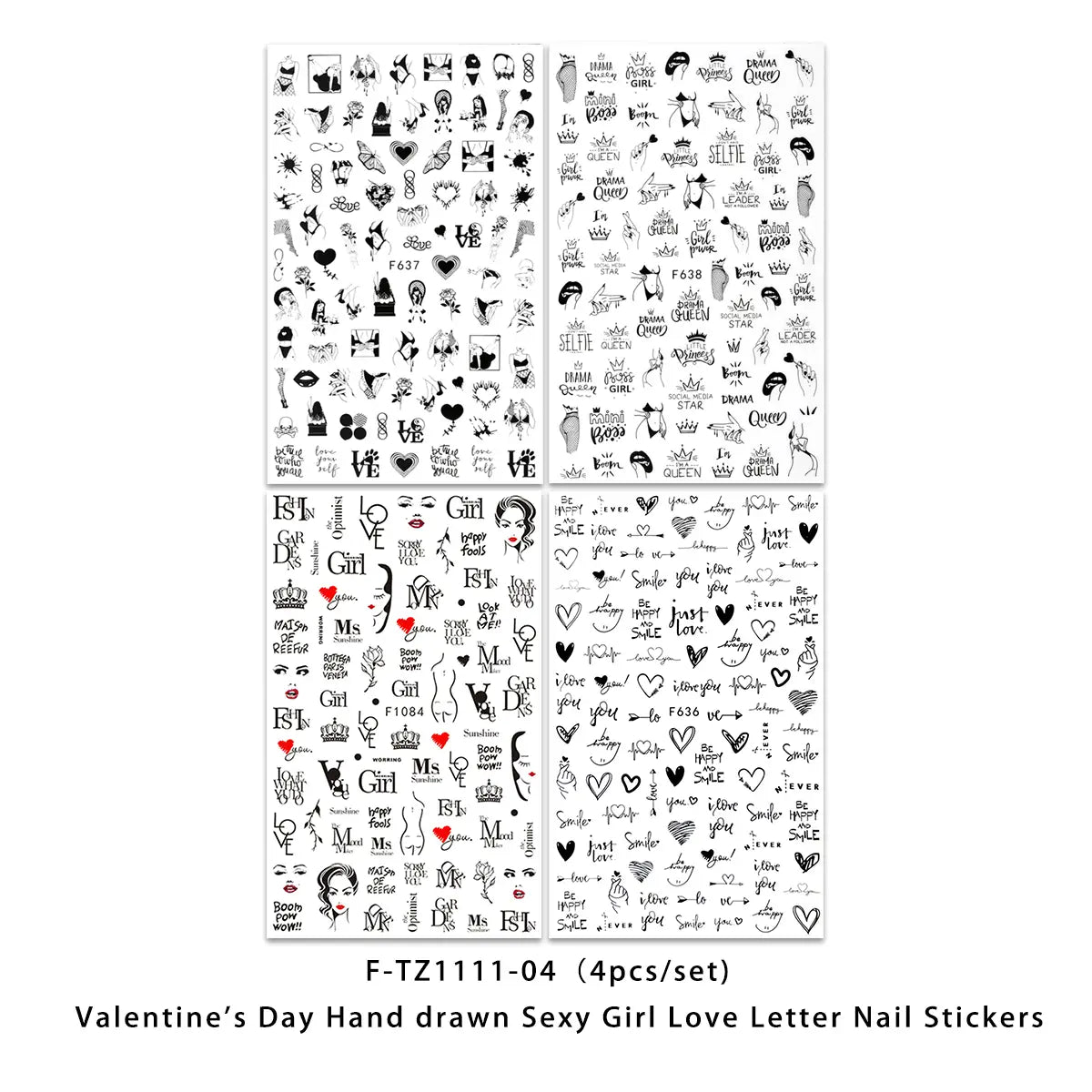 Juego de cuatro pegatinas de uñas de San Valentín dibujadas a mano en negro y blanco, con frases románticas y juguetonas e ilustraciones adorables para calcomanías de arte de uñas DIY.