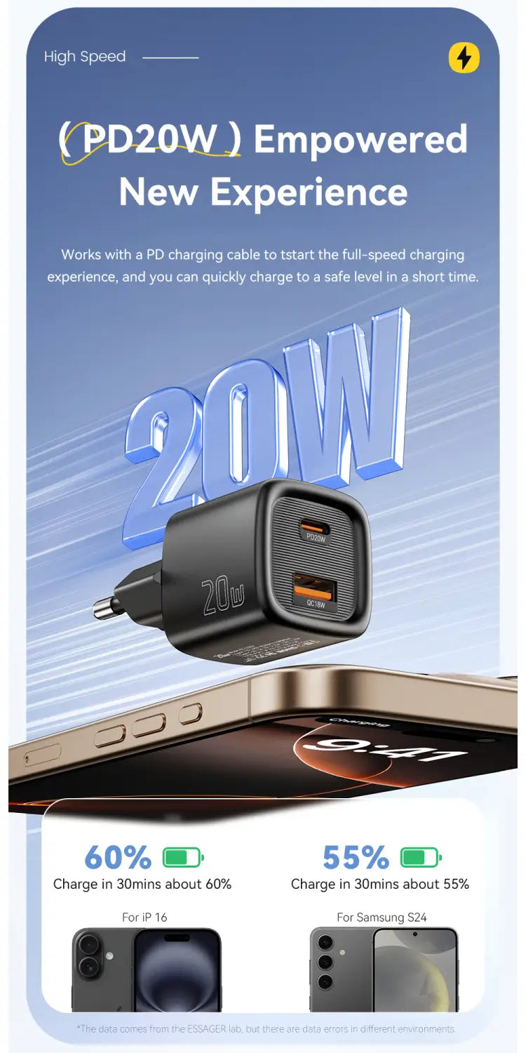 Essager 20w usb c fast wall charger in black with dual usb-c ports and a sleek compact design for efficient charging.