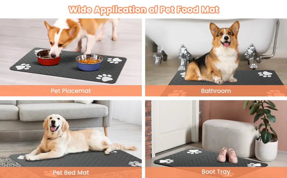 Black absorbent food mat with white paw print design and waterproof rubber backing for pet’s eating area