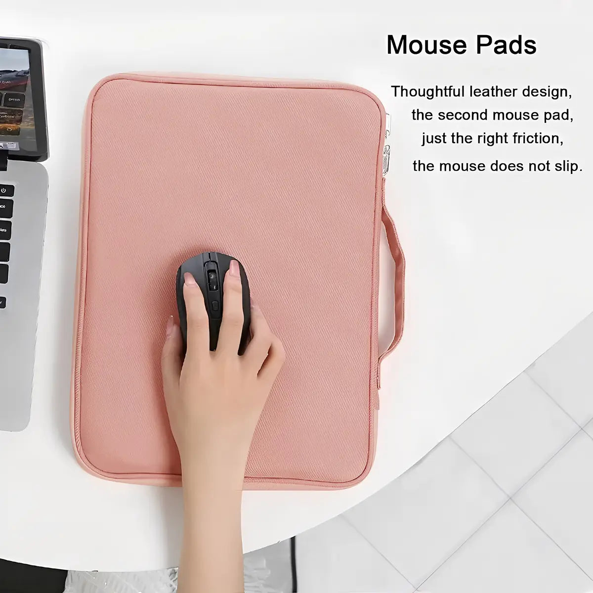 Pink laptop sleeve 11 to 13 inch padded case with a textured surface and a small handle on the side resembling a rectangular mouse pad.