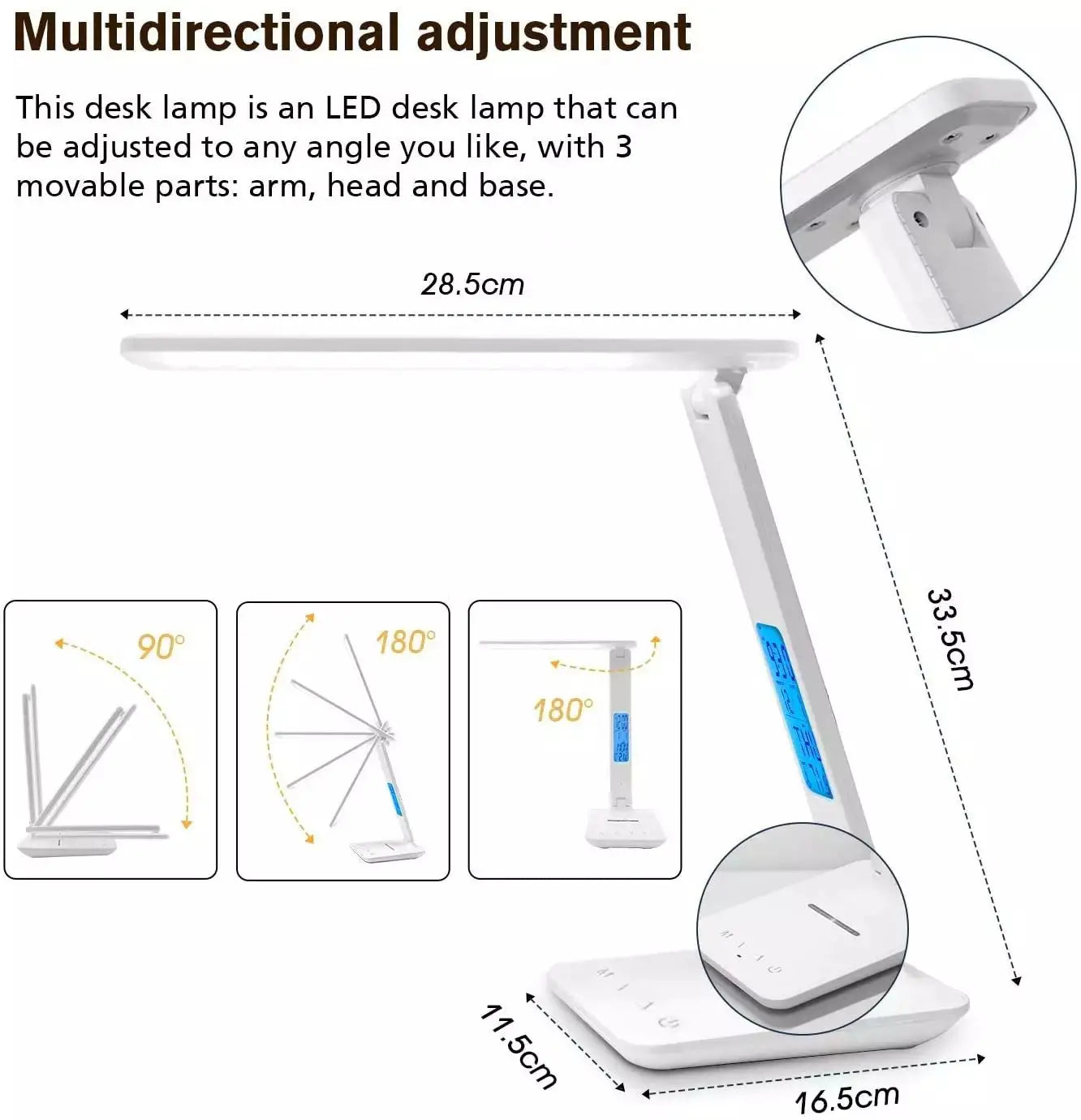 white led desk lamp with adjustable arm head and base for customizable lighting angles featuring wireless charger and clock ideal for desk lamps use