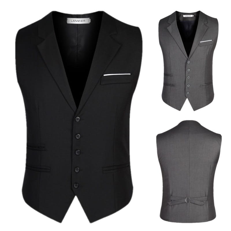 Men slim fit black tailored suit vest with notched lapels front button closure and a single welt pocket on the left side for formal business wear.