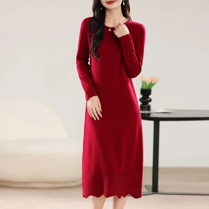 100% Pure Wool Women's Long Dress Winter Loose Round Neck Pullover Sweater Skirt Knit Bottoming Dress