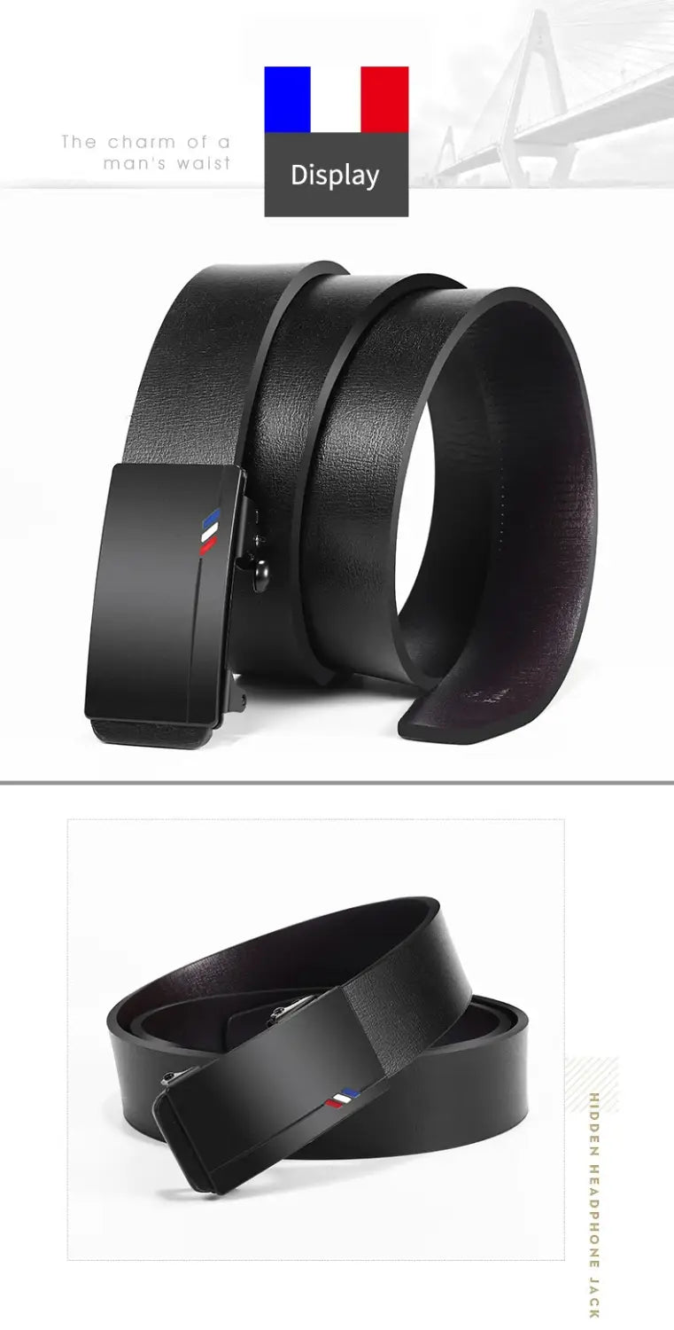 Mens leather belt automatic buckle black with a sleek rectangular metal buckle featuring a small French flag emblem.