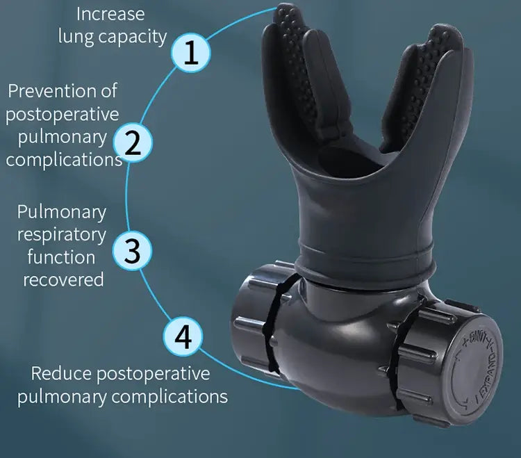 black silicone snorkel mouthpiece with metallic adjustment knob for respiratory trainer lung fitness device