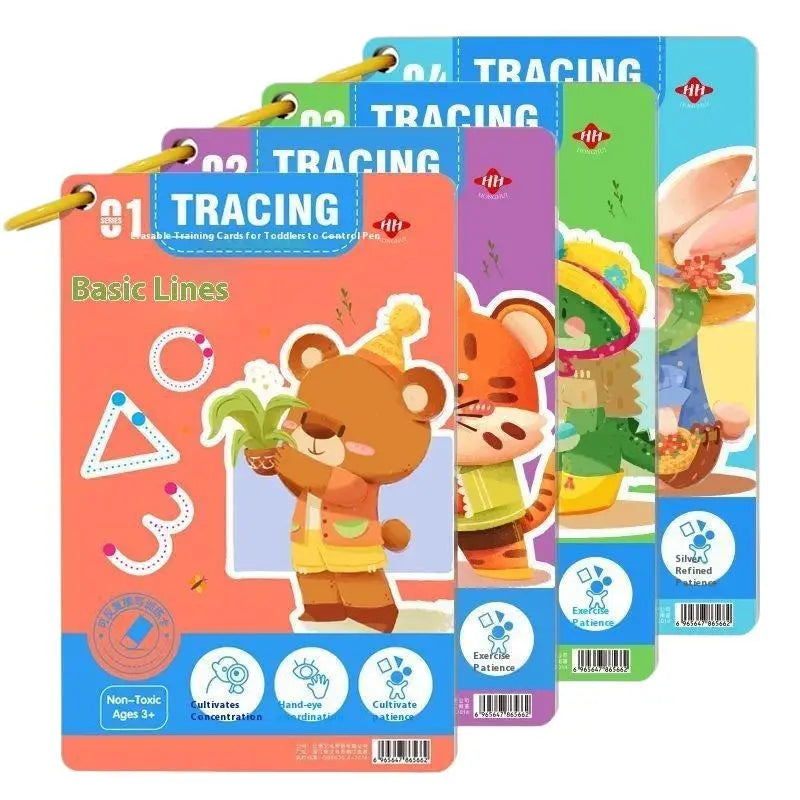 Set aus farbenfrohen, wiederverwendbaren Nachzeichnungs-Arbeitsheft-Karten für Kinder mit Cartoon-Tierfiguren und grundlegenden Formen auf lebhaften Hintergründen.