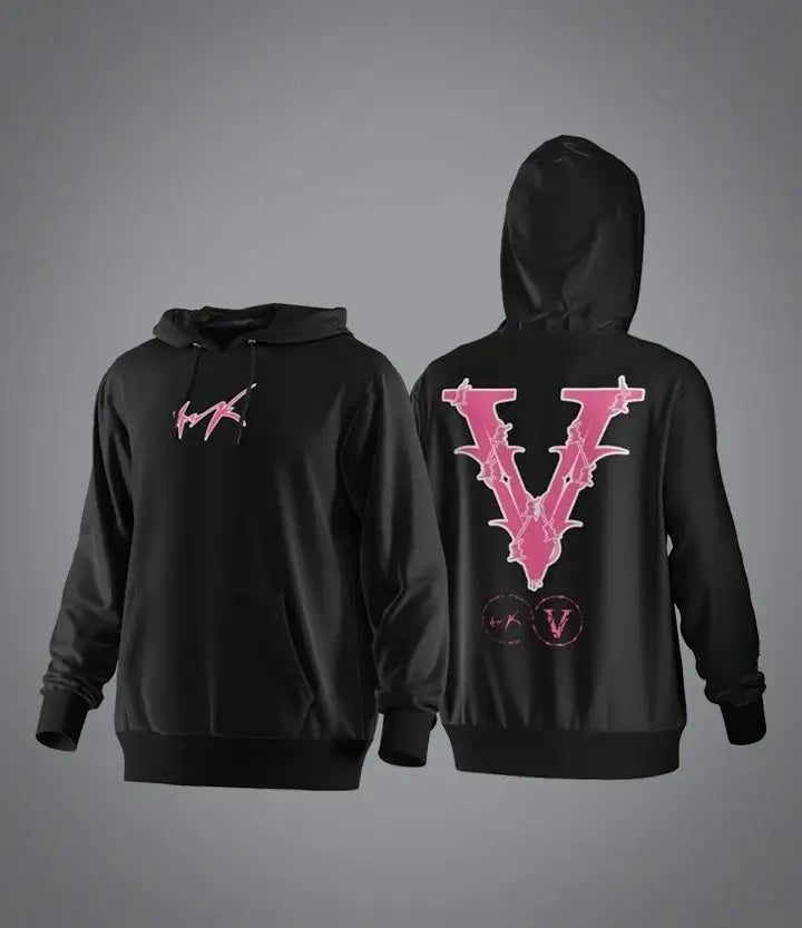 Black oversized hoodie showing the back side with a bold pink v logo featuring thorn-like detailing and a smaller matching signature-style graphic on the front for streetwear pullover.