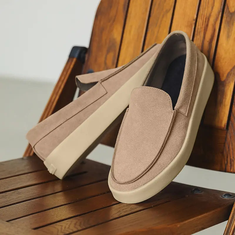 Men casual suede loafers slip-on walking shoes in beige with a contrasting cream-colored rubber sole.