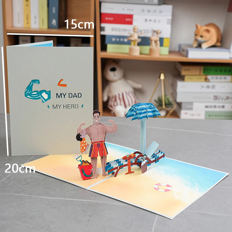 3D Pop-Up Father's Day Greeting Card Unique Handmade Gift for Dad Birthday Card with Notecard