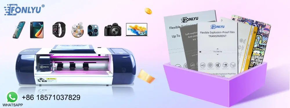 Máquina de laminación al vacío de película protectora para teléfonos móviles de color azul y blanco, con un haz de luz morado que resalta su función de corte, con el fin de reducir el costo de envío y mejorar la protección del teléfono móvil.