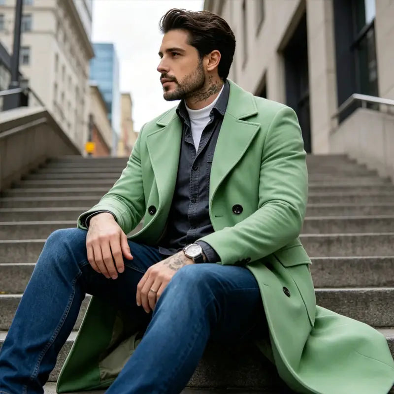 Un manteau long élégant, coupe ajustée slim, à double boutonnage, vert menthe vif, confectionné dans un tissu en laine mélangée au toucher lisse, avec des boutons noirs.