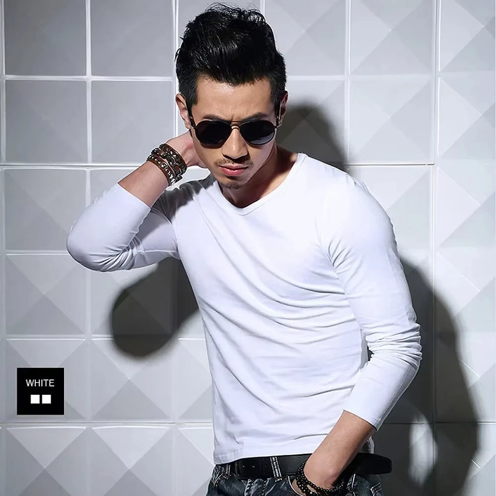 Men's T-Shirts Long Sleeve V Neck T Shirt 2026 MRMT Men Polyester T-Shirt Solid Color Slim Tight Man T Shirt For Male