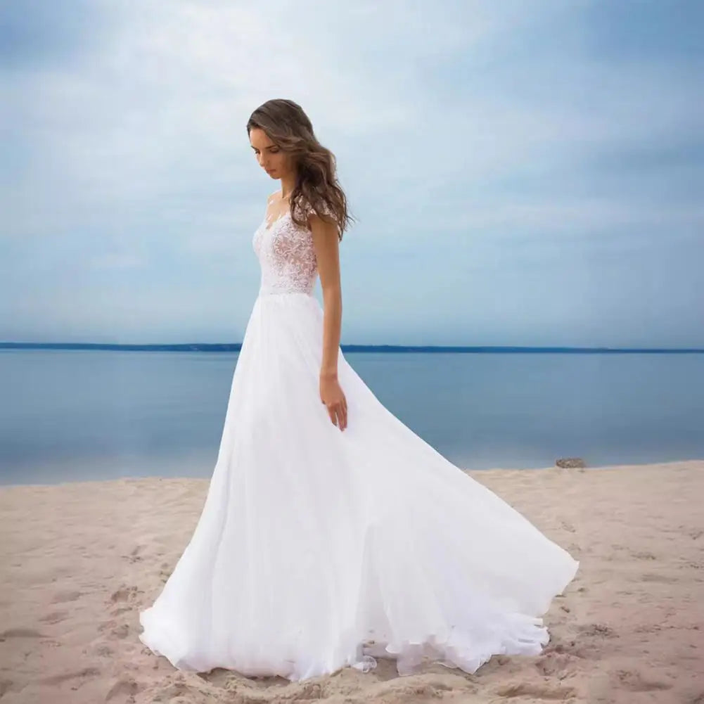 White Bridesmaid Dress Boho A-line Wedding Dress for Bride Lace V-neck Evening Gown with Chiffon Slit for Bridesmaid for Women
