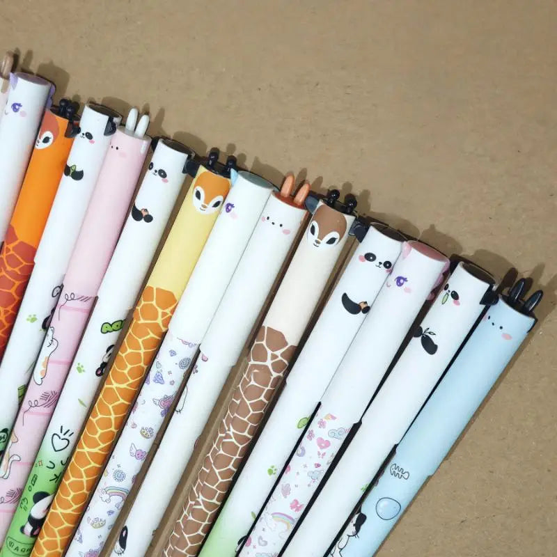 A set of colorful cute animal erasable gel pens featuring pastel colors and cartoon designs of pandas and giraffes with playful patterns.