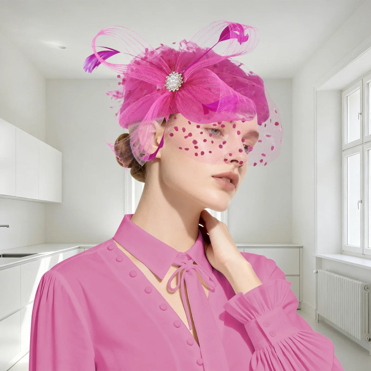 Women Bridal Fascinator with Feathers Dot Print Veil Elegant Pillbox Hats for Tea Party Wedding Church Fedoras Headscarf Bonnet
