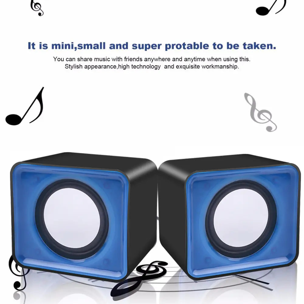A pair of compact usb computer stereo desktop mini sound system speakers with a glossy blue front panel and black sides.