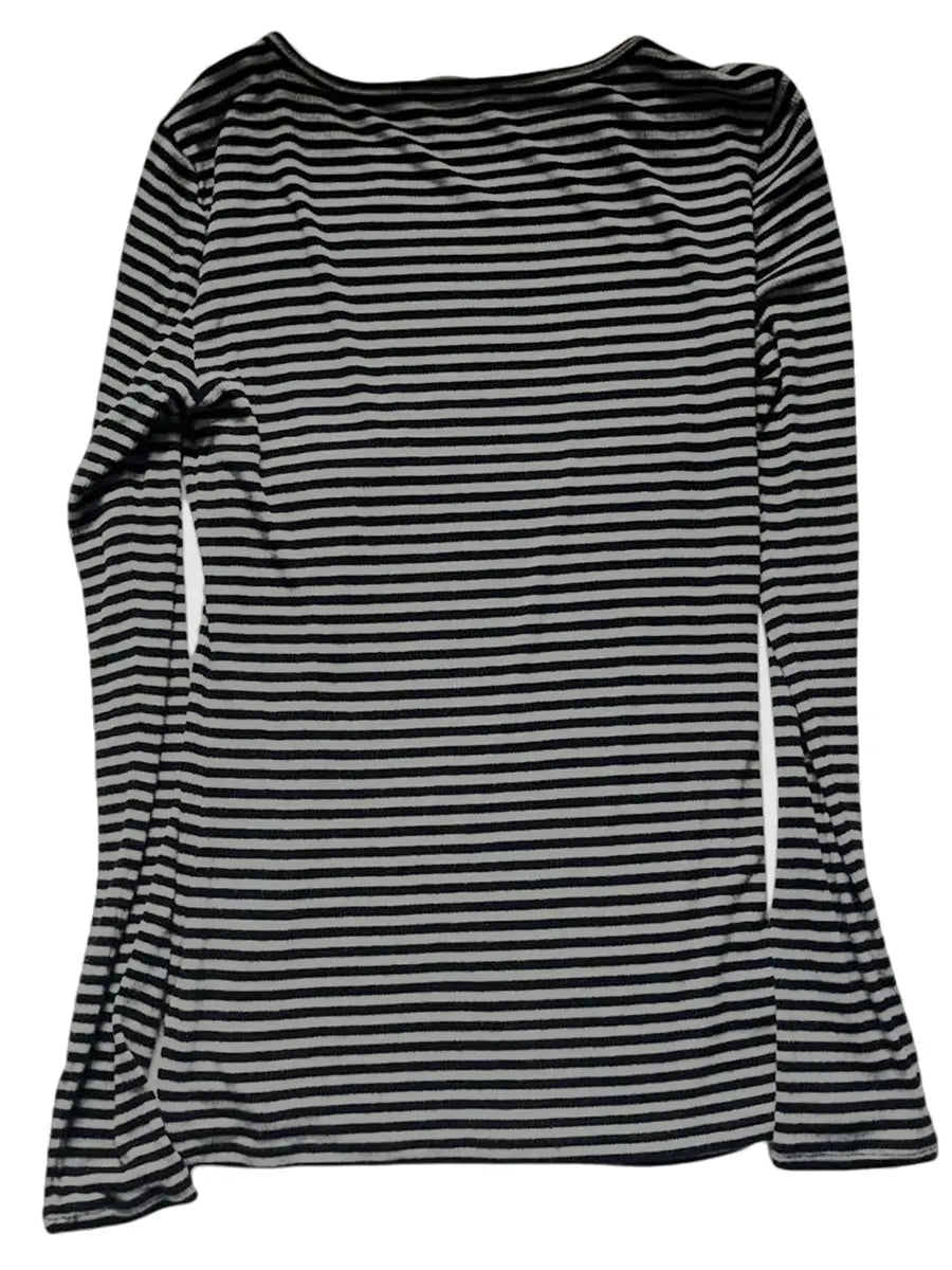 Women striped long sleeve slim fit t shirt featuring black and white horizontal stripes made of soft stretchy fabric.