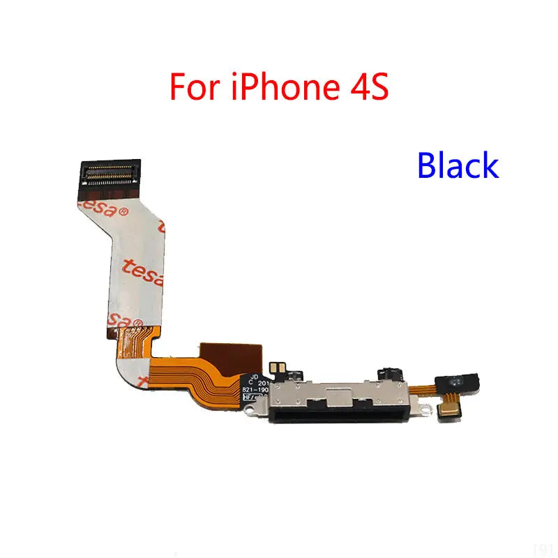 Schwarzes flexibles USB-Lade-Dock-Flexkabel für iPhone 4s mit orangefarbenen Leiterbahnen und silberfarbenen Metallsteckverbindern, ausgelegt für die Verwendung im Lade-Dock