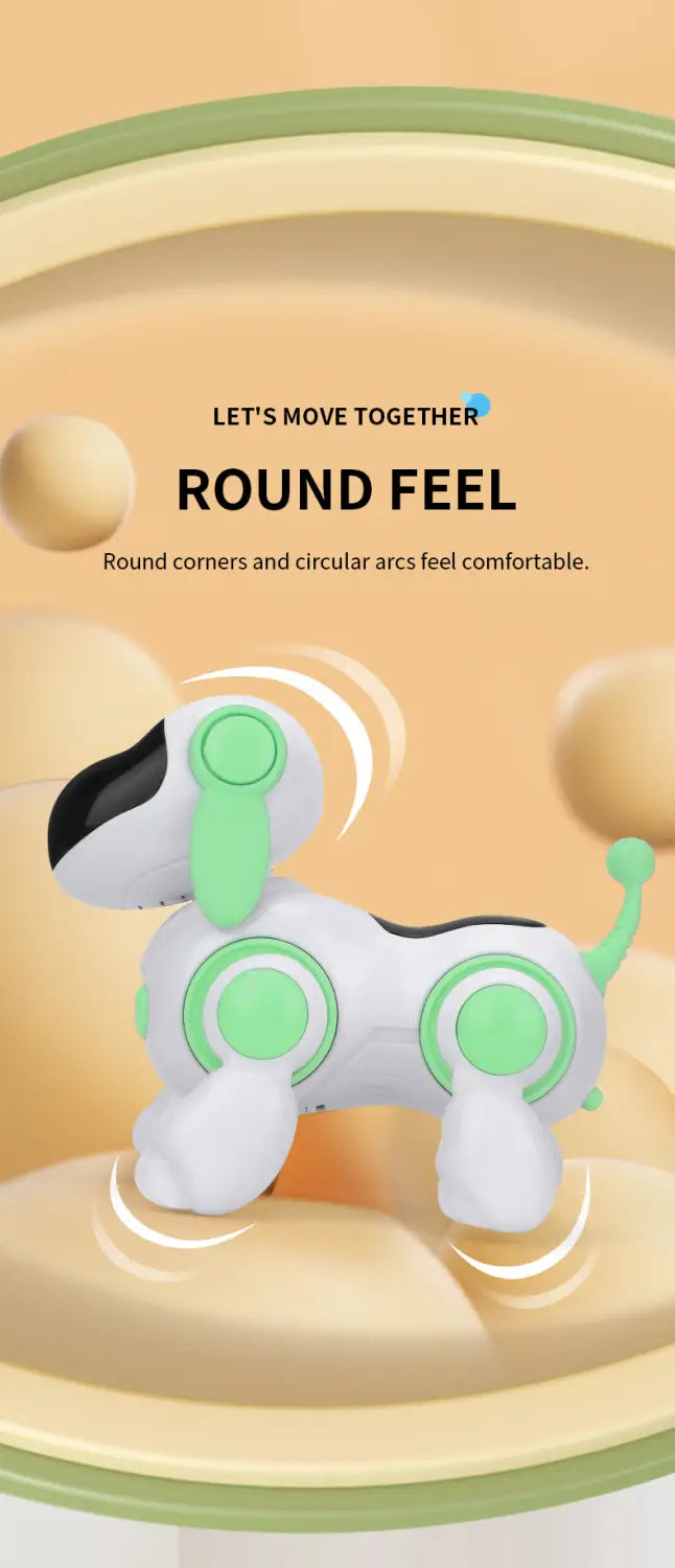 円形のアクセントを備えた、白色および緑色のインタラクティブなロボット犬の歩行玩具（電子ペット玩具タイプ）。
