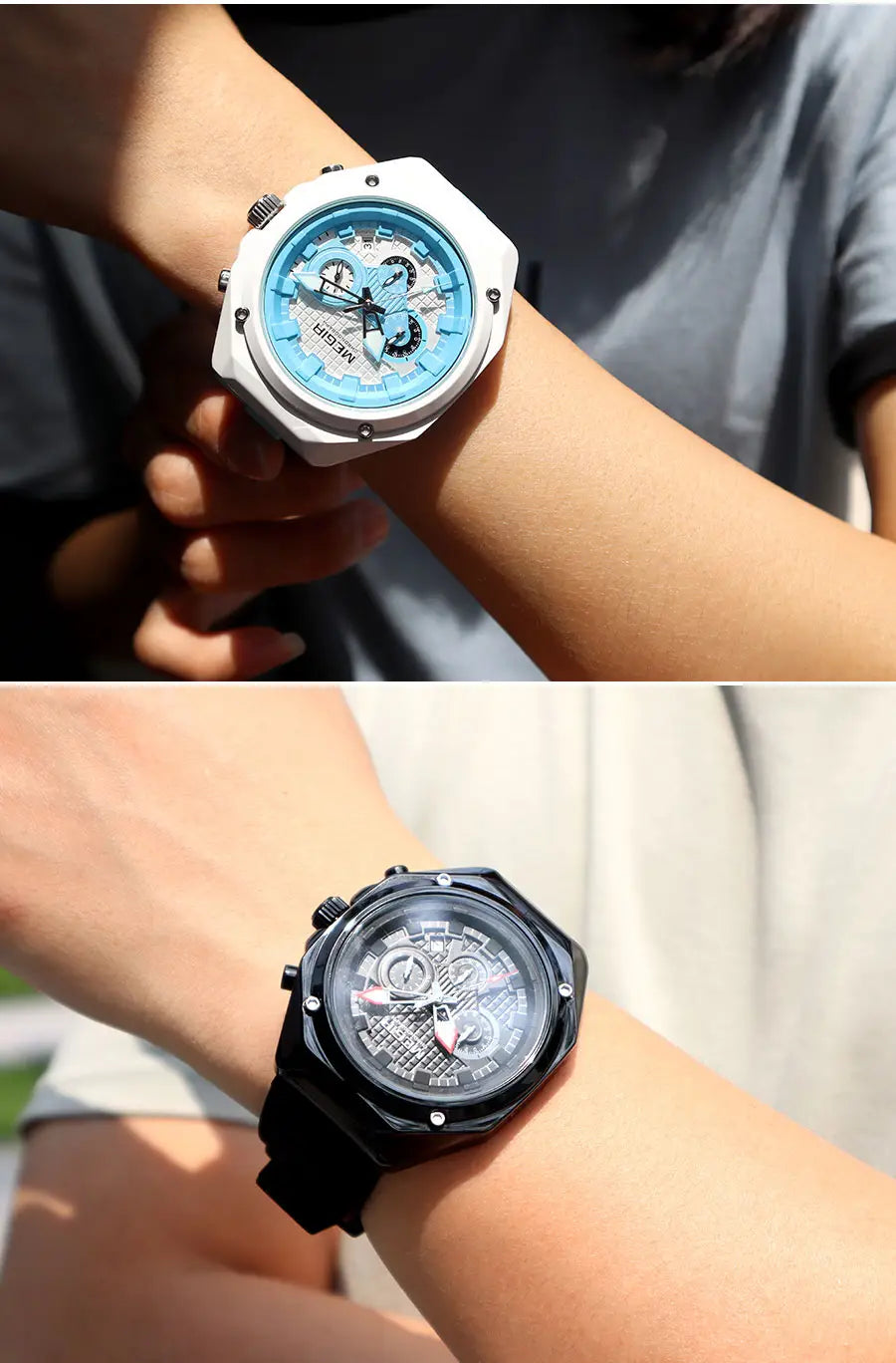 Megir sport chronograph watch with an octagonal face featuring a vibrant blue dial and silver-toned case in silicone strap, alongside a black version with a dark gray face and matching silicone strap.