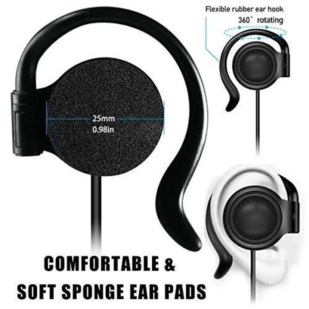 black single ear hook 3.5mm wired headphone made of flexible rubber with soft sponge pads for comfort