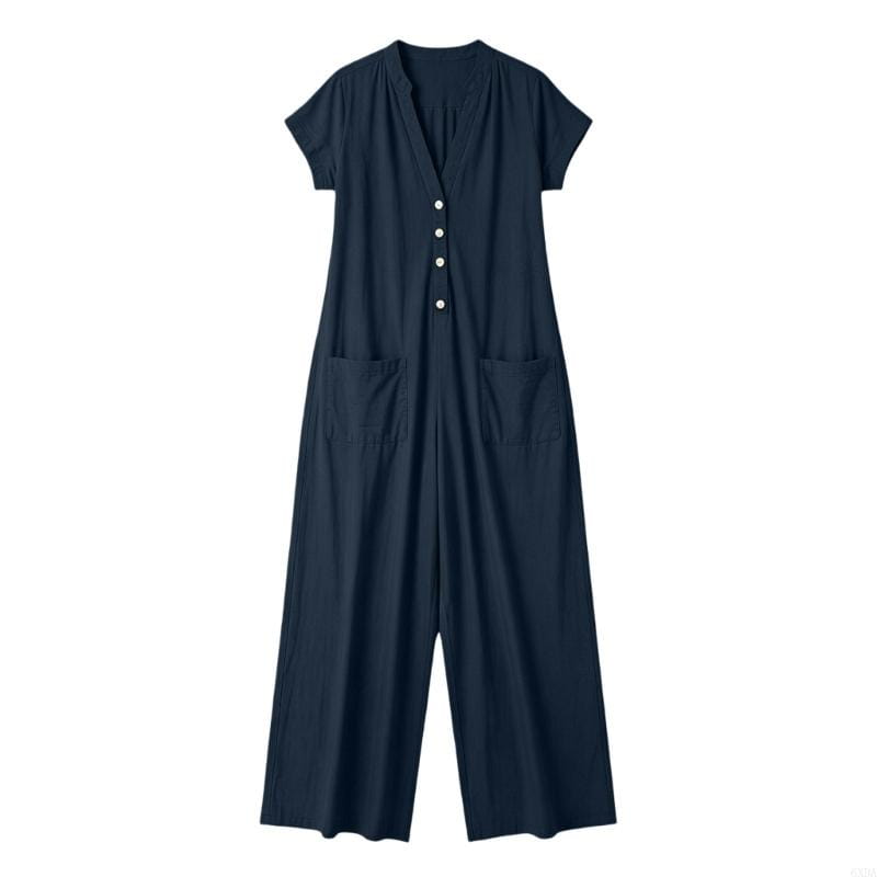 Navy blue women wide leg jumpsuit with short sleeves white buttons and front pockets designed for casual wear.
